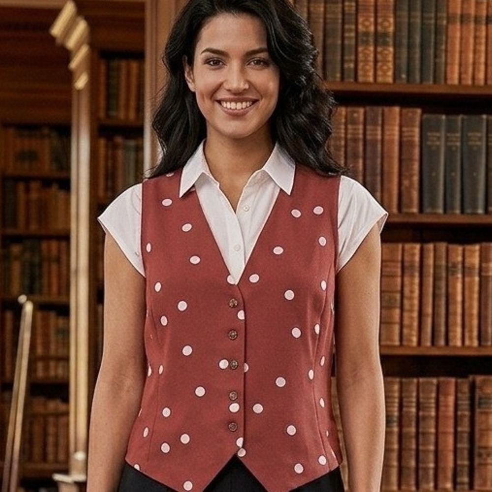 Lauren Conrad Polka Dot Vest Rust Orange Button Front Tie XL Secretary Librarian